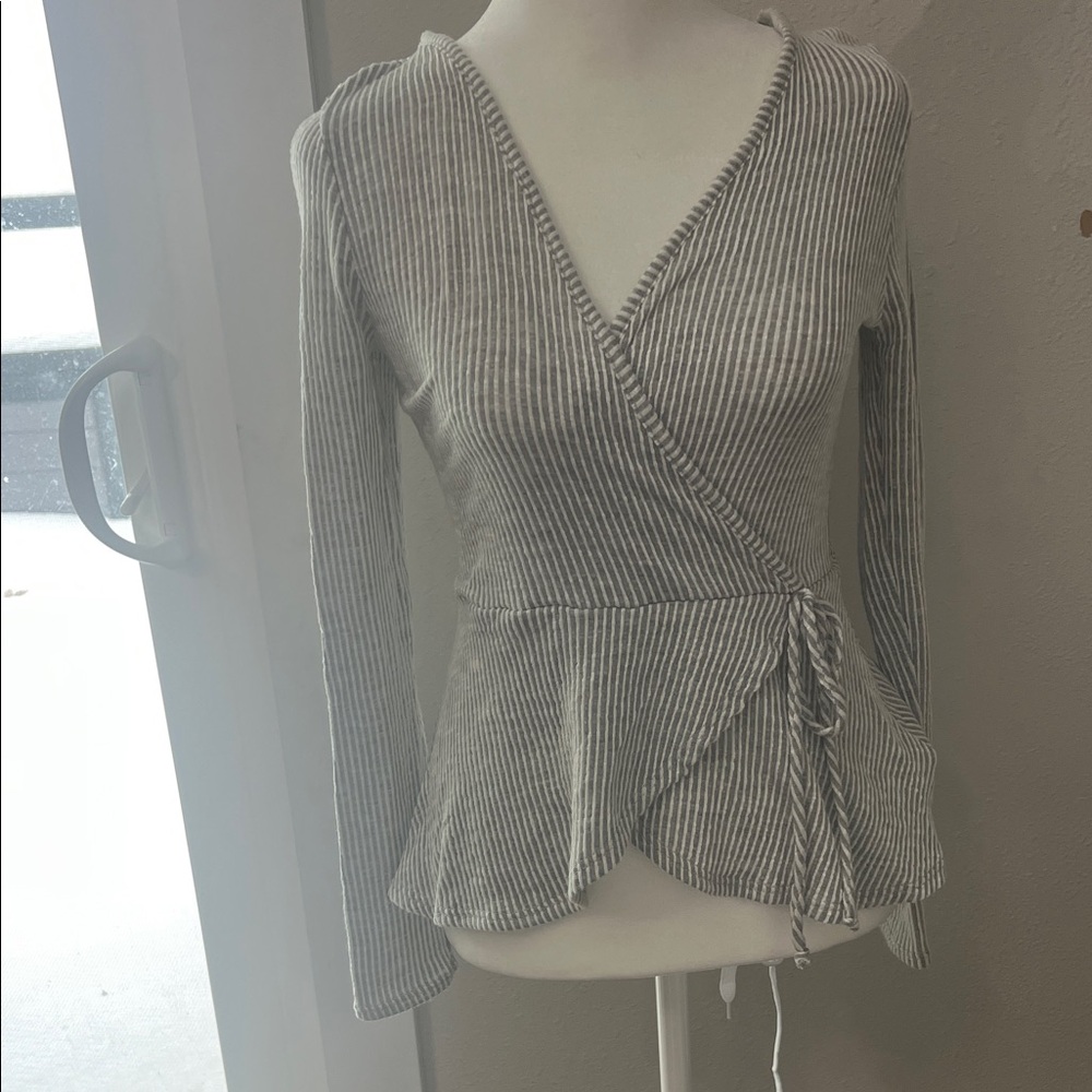 Caution To The Wind Pinstripe Wrap Blouse - Gray